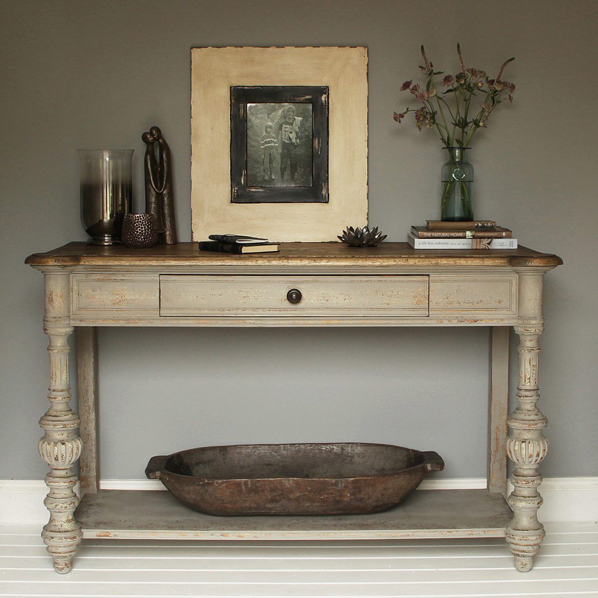 Grey Oak Console Table With Wooden Top | | Primrose & Plum In Antique Silver Metal Console Tables (View 7 of 20)