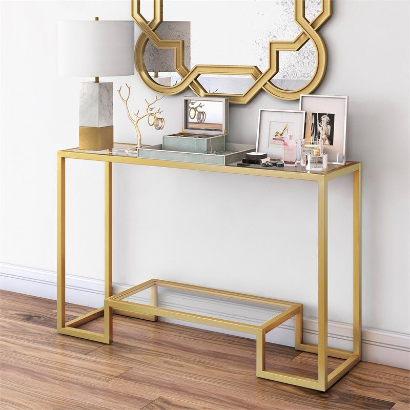 Henn&hart Gold And Glass Hollywood Regency Console Table Inside Glass And Pewter Console Tables (View 12 of 20)