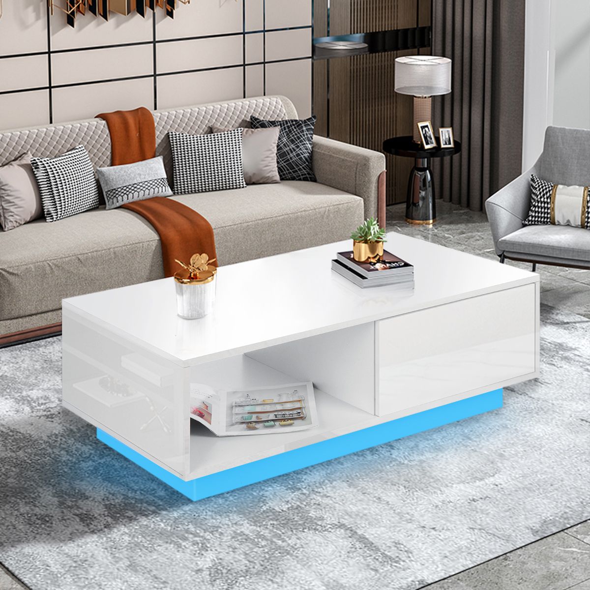 High Gloss Coffee Table With Drawers Storage, Led Modern Pertaining To Square High Gloss Console Tables (View 20 of 20)
