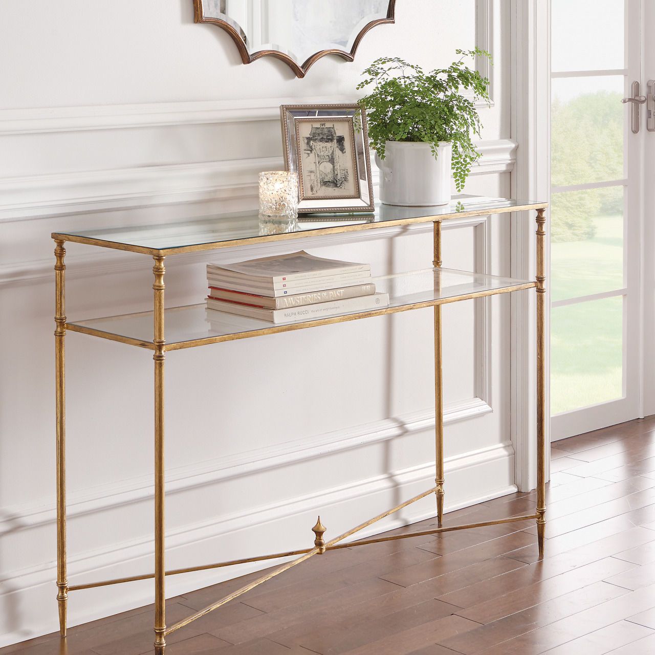 Horchow Sofa Console Table Hollywood Regency Antique Gold Regarding Glass And Pewter Console Tables (View 9 of 20)