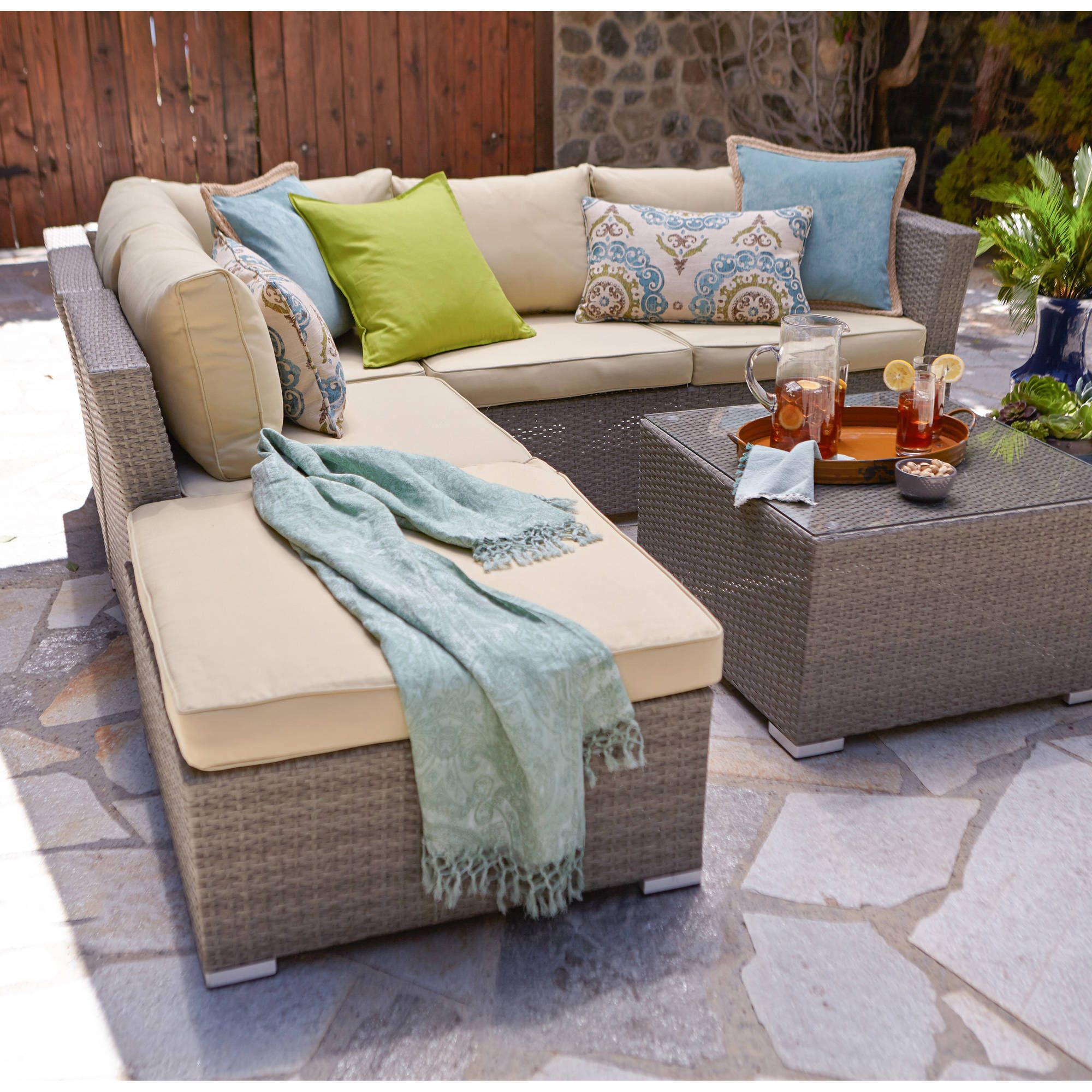 Incadozo 5 Piece Outdoor Wicker Sectional Sofa Set, Rustic With 5 Piece Console Tables (View 3 of 20)