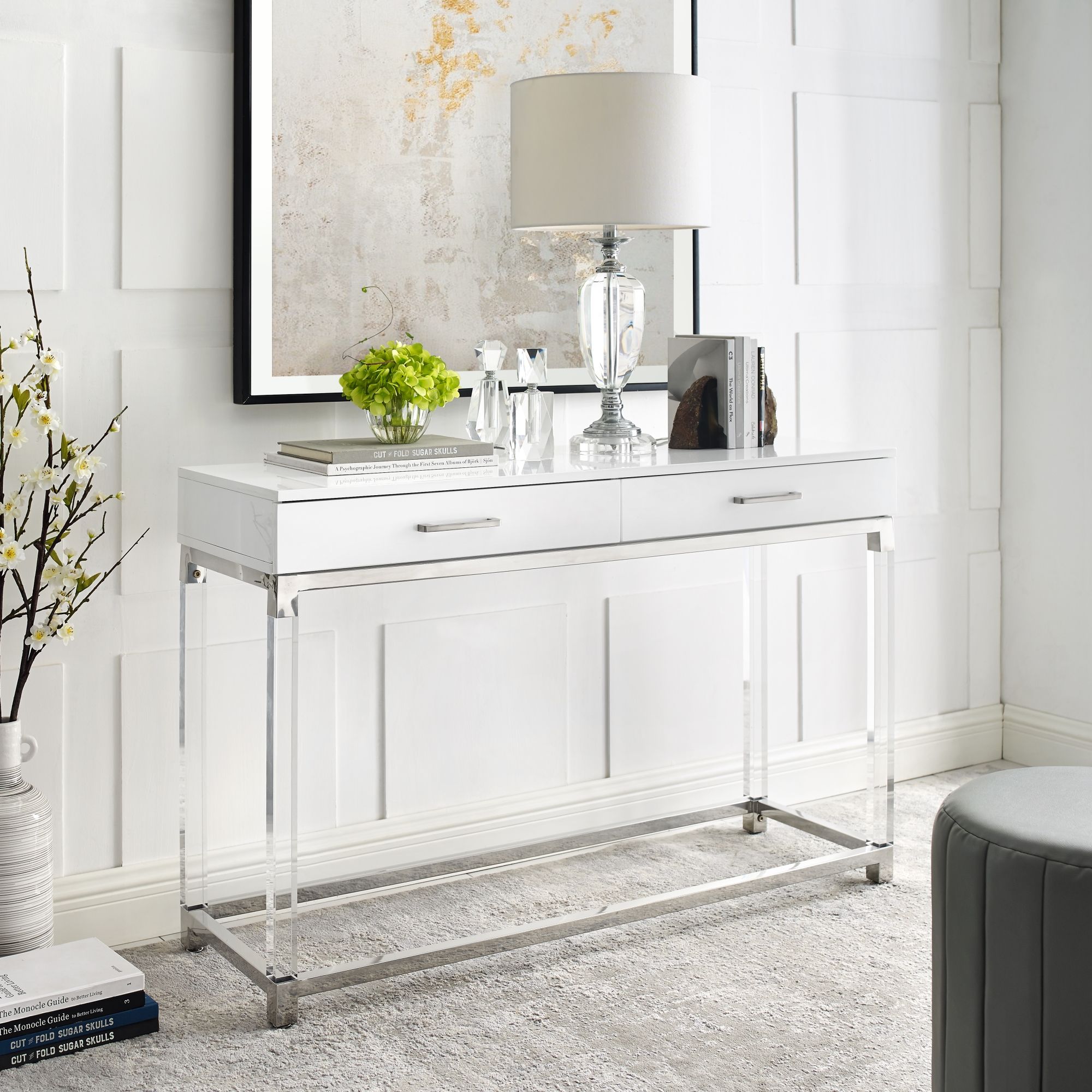 Inspired Home Alena Console Table 2 Drawers High Gloss For White Geometric Console Tables (Photo 11 of 20)