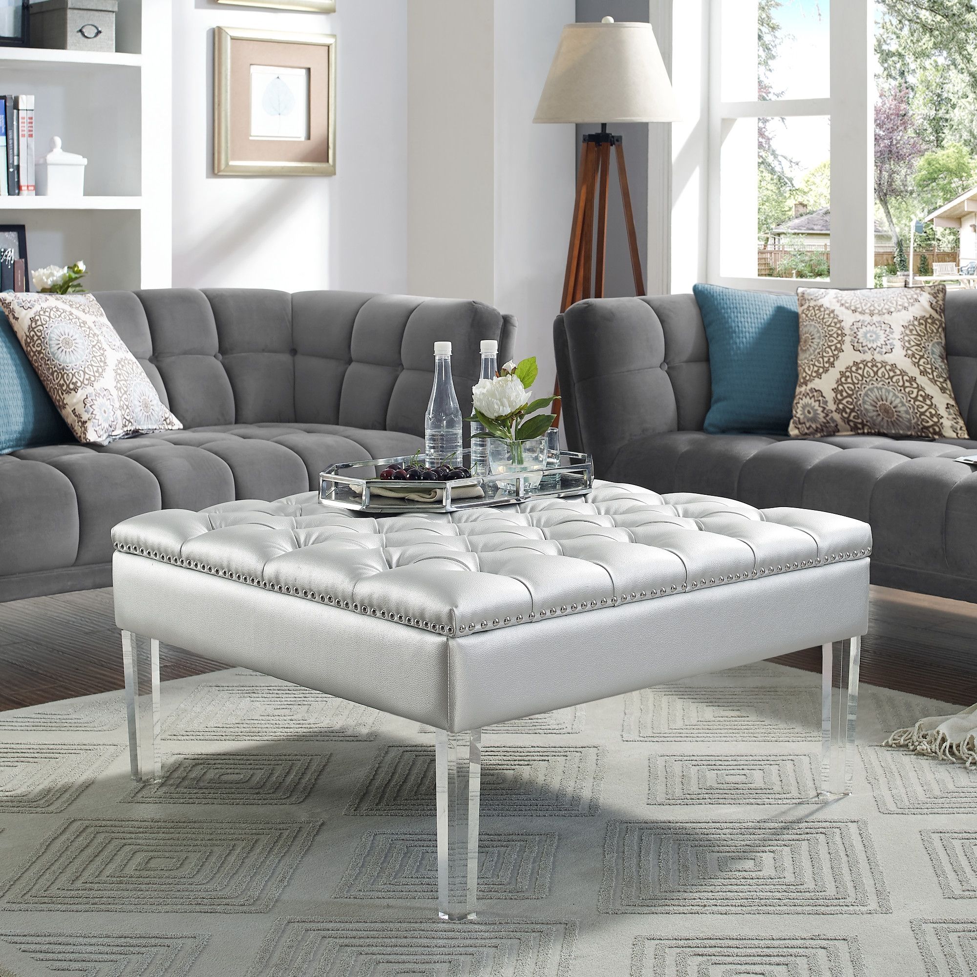 Inspired Home Giulia Silver Faux Leather Ottoman Cocktail With Tufted Ottoman Console Tables (Photo 1 of 20)