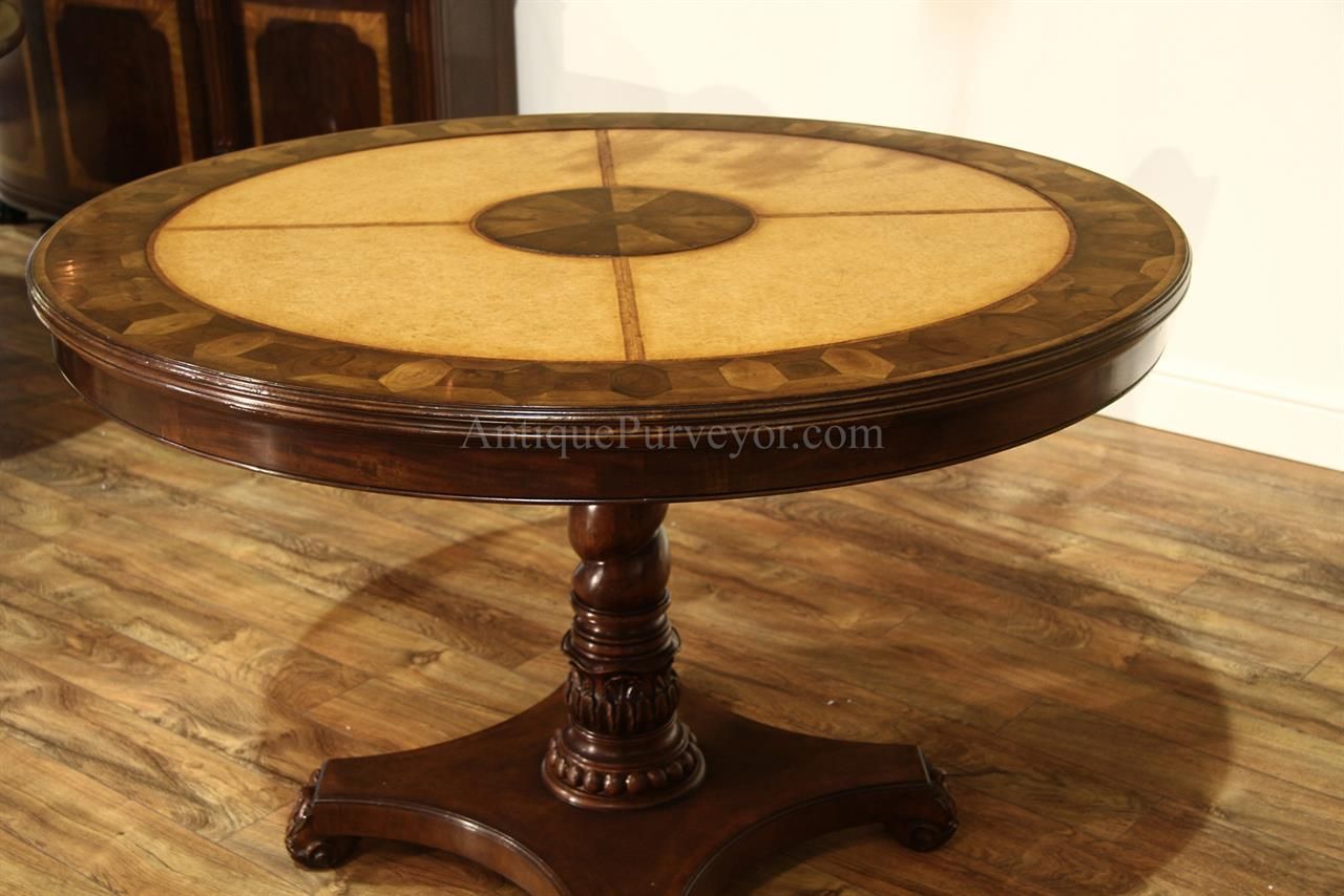 Leather Top Walnut Center Table, 48 Inch Round Pedestal Table With Oval Corn Straw Rope Console Tables (Photo 18 of 20)