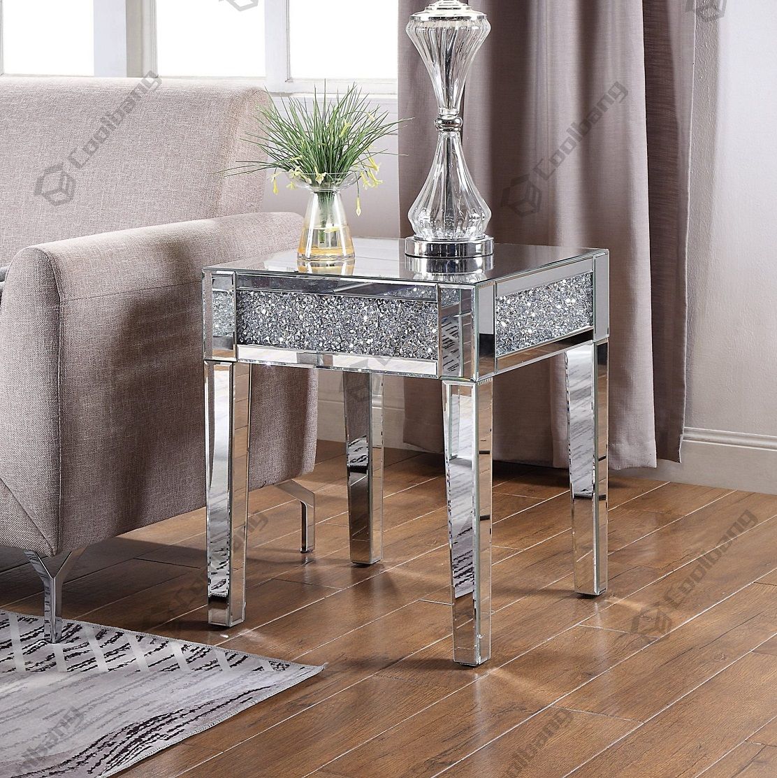Living Room Crushed Diamond Mirrored Side Table End Table For Gold And Mirror Modern Cube Console Tables (View 17 of 20)