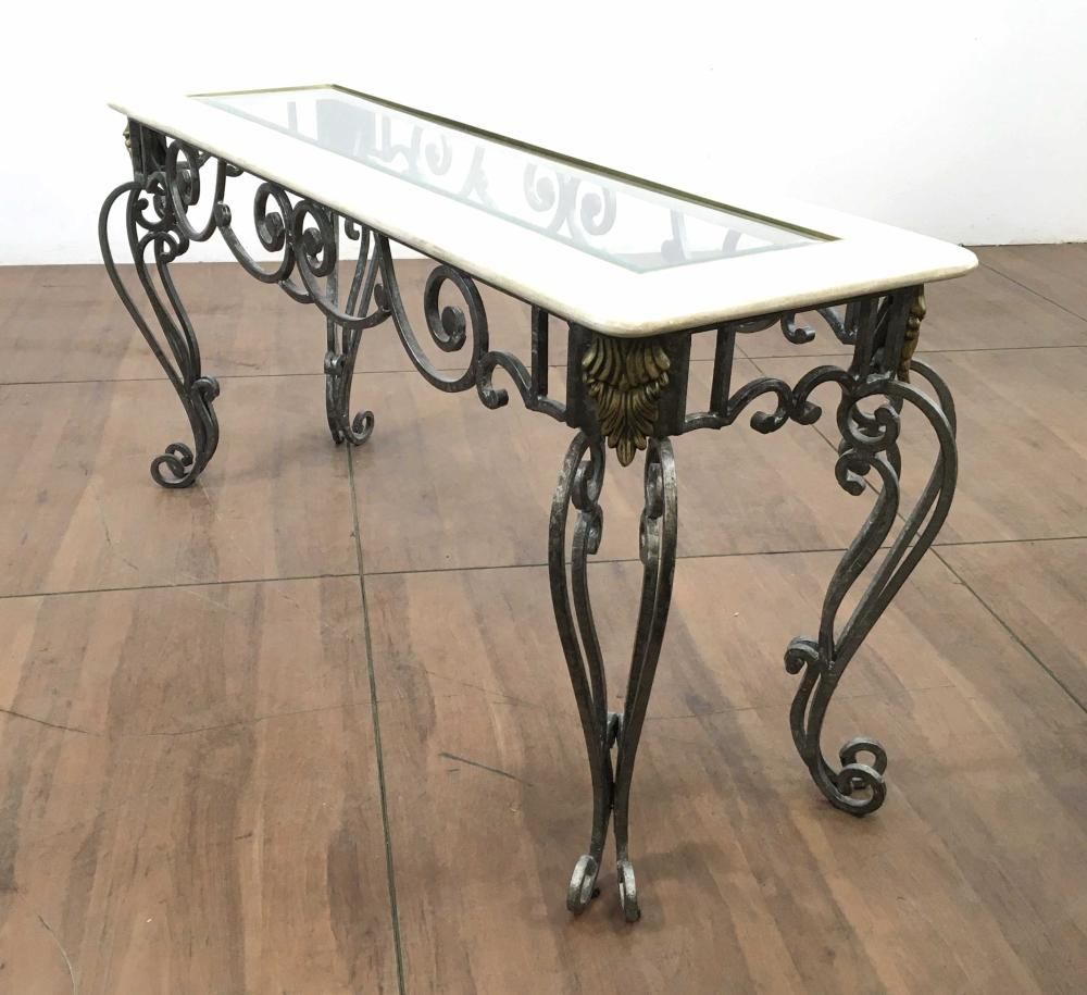 Lot – Traditional Iron Scroll & Travertine Console Table Throughout Round Iron Console Tables (View 3 of 20)
