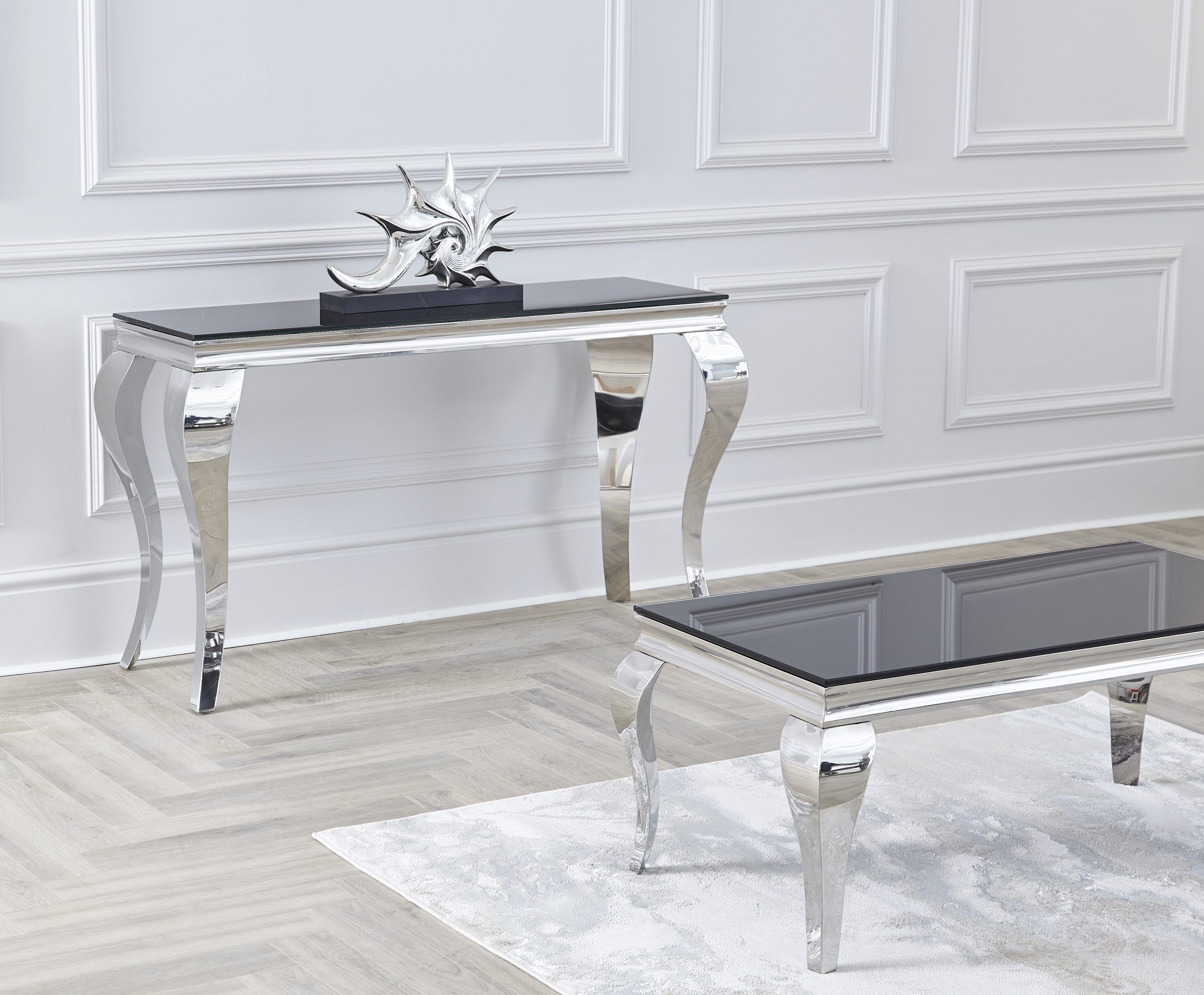 Louis Black Glass Chrome Console Table / 100cm – Niches Inside Chrome And Glass Rectangular Console Tables (View 4 of 20)