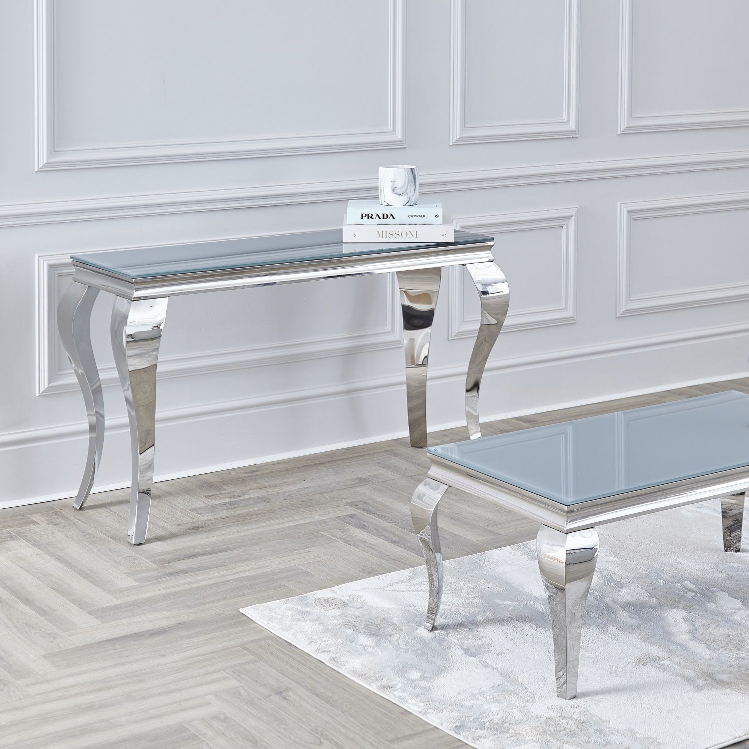 Louis Grey Glass Chrome Console Table / 100cm – Niches Within Chrome And Glass Rectangular Console Tables (View 6 of 20)