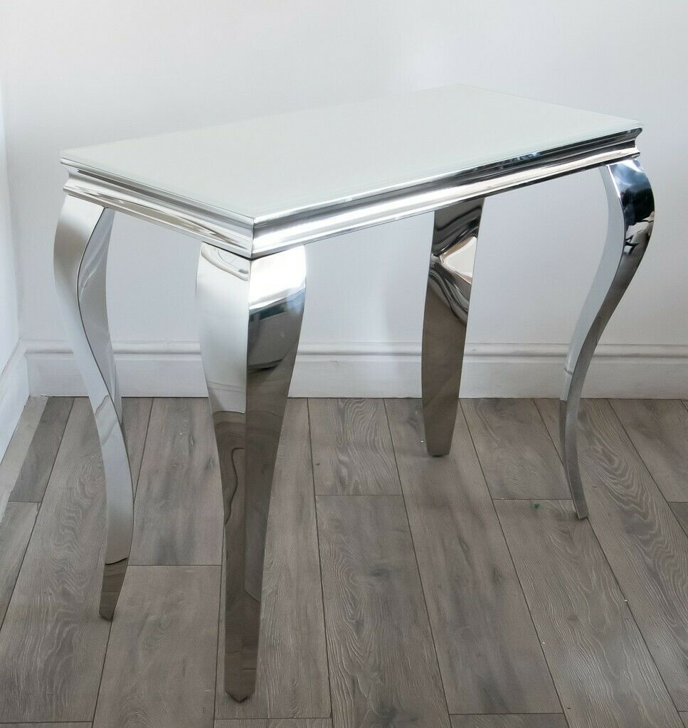 Louis White Glass Chrome Console Table / 100cm – Niches In Glass And Pewter Oval Console Tables (Photo 19 of 20)