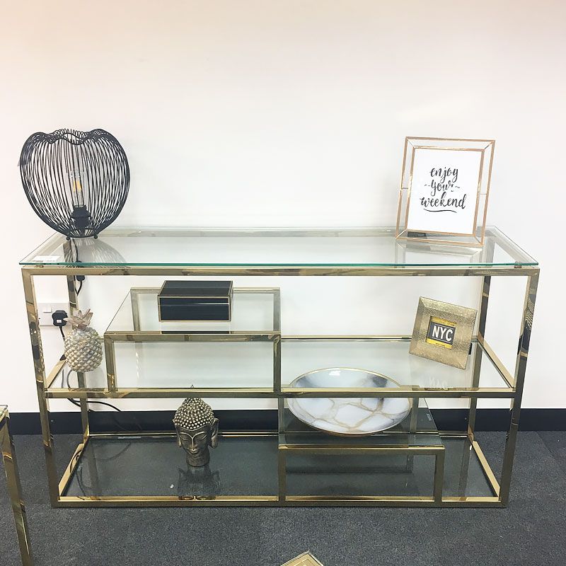 Lucia Gold Glass Multi Shelf Shelving Console Hall Display With Glass And Gold Console Tables (View 18 of 20)