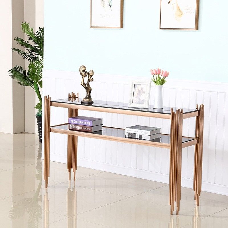 Luxury Modern Rectangular Rose Gold Console Table Black Inside Geometric Glass Modern Console Tables (Photo 10 of 20)