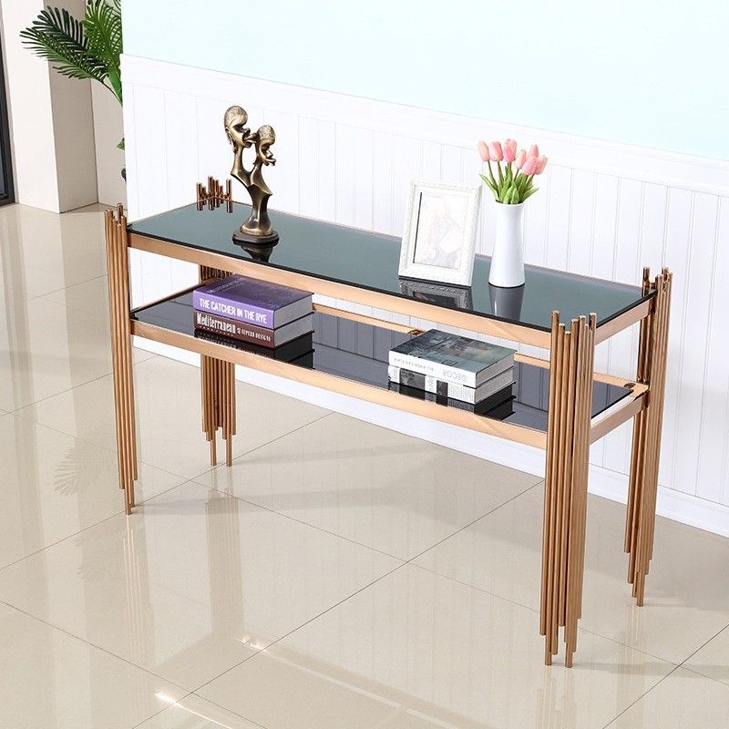 Luxury Modern Rectangular Rose Gold Console Table Black Inside Geometric Glass Top Gold Console Tables (Photo 5 of 20)