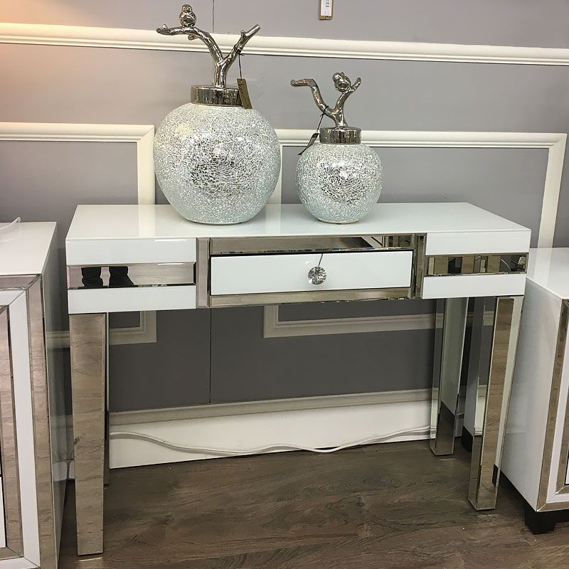 Madison White Glass Mirrored 1 Drawer Console Table In White Triangular Console Tables (View 5 of 20)