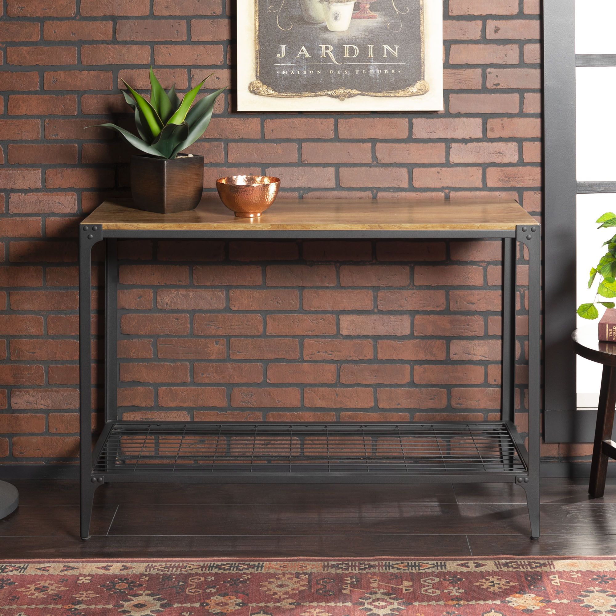 Manor Park Angle Iron Rustic Wood Entry Console Table For Gray Wood Black Steel Console Tables (View 16 of 20)