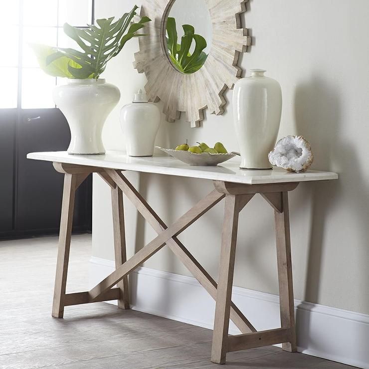 Marble Top Console Table In White And Natural With Light Natural Drum Console Tables (View 11 of 20)