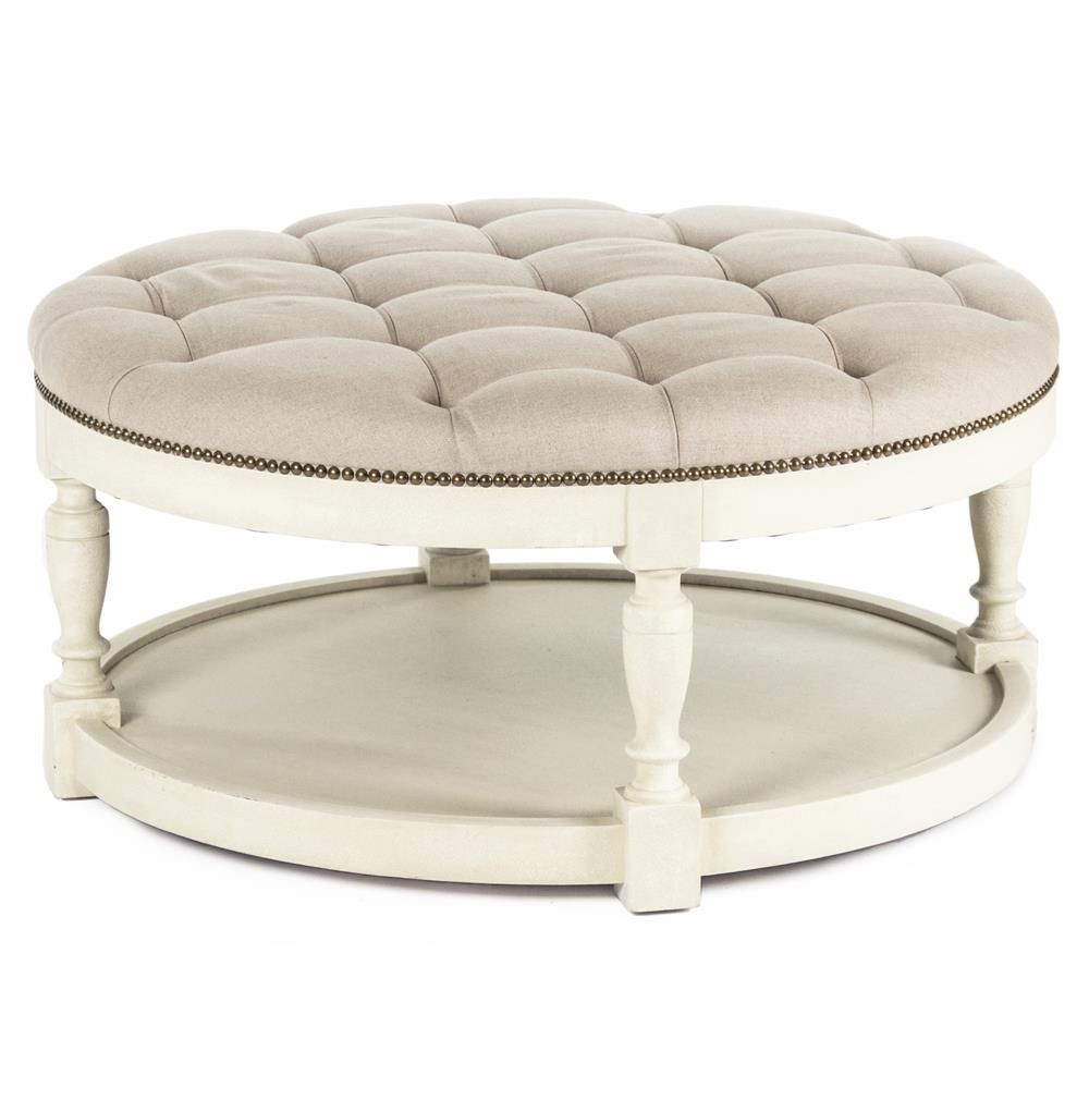 Marseille French Country Cream Ivory Linen Round Tufted With Tufted Ottoman Console Tables (View 14 of 20)