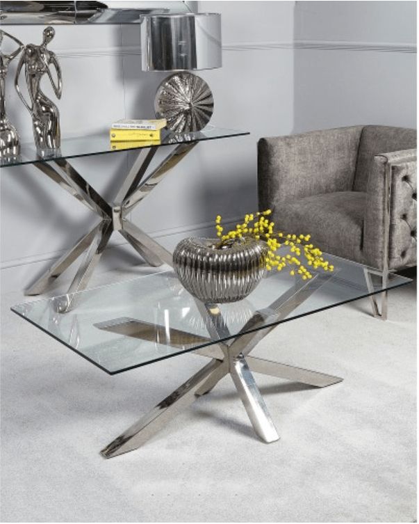 Medina Glass & Chrome Coffee Table – Lycroft Interiors Intended For Polished Chrome Round Console Tables (View 14 of 20)