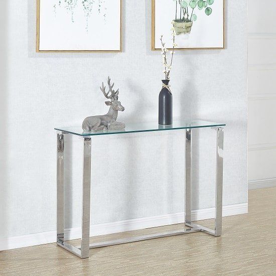 Megan Clear Glass Rectangular Console Table With Chrome With Glass And Pewter Oval Console Tables (View 3 of 20)