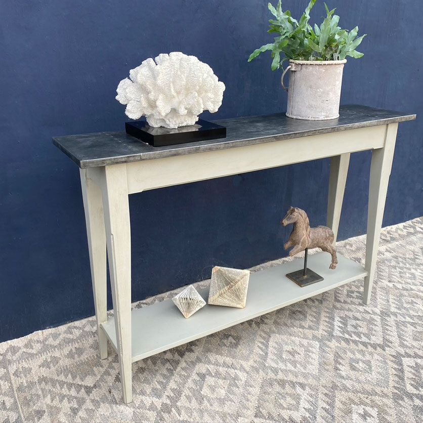 Metal Topped Slim Console Table With Shelf – Home Barn Vintage Pertaining To Antique Brass Round Console Tables (Photo 4 of 20)