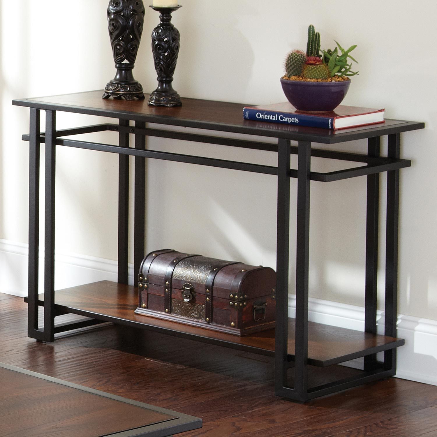 Micah Console Table – Cherry Wood, Black Metal | Metal Regarding Metal Console Tables (View 9 of 20)