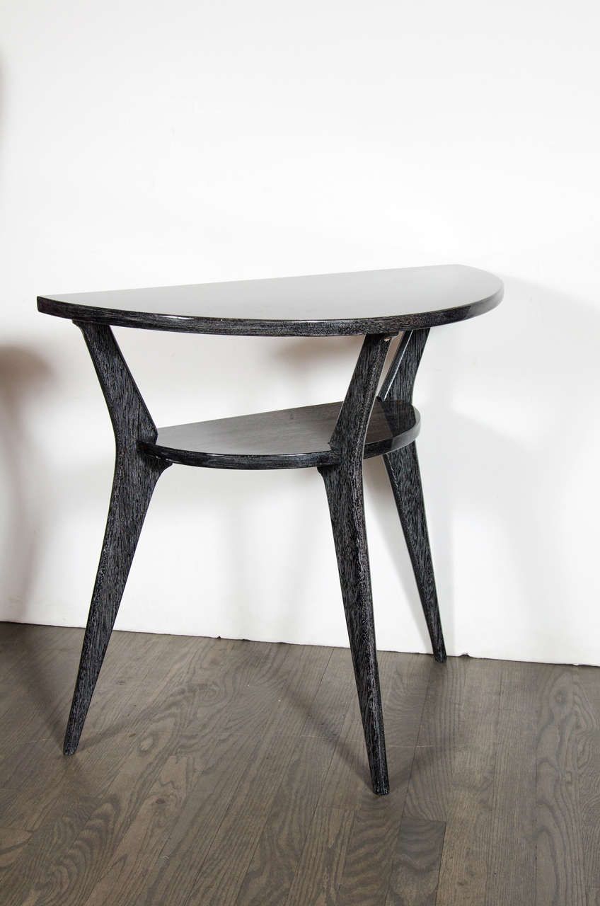 Mid Century Modernist Splayed Leg, Silver Cerused Demilune With Regard To Console Tables With Tripod Legs (Photo 4 of 20)