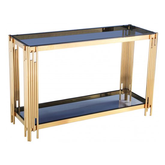 Milano Grey Glass Console Table With Gold Stainless Steel In Gray And Gold Console Tables (Photo 1 of 20)