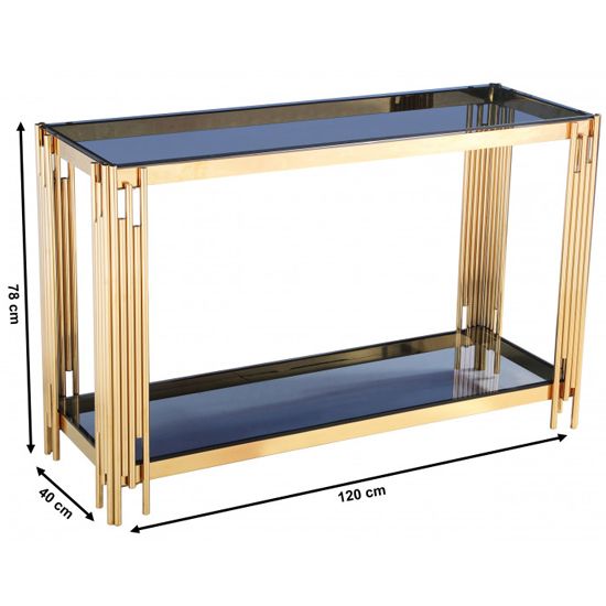 Milano Grey Glass Console Table With Gold Stainless Steel Pertaining To Gray And Gold Console Tables (Photo 4 of 20)