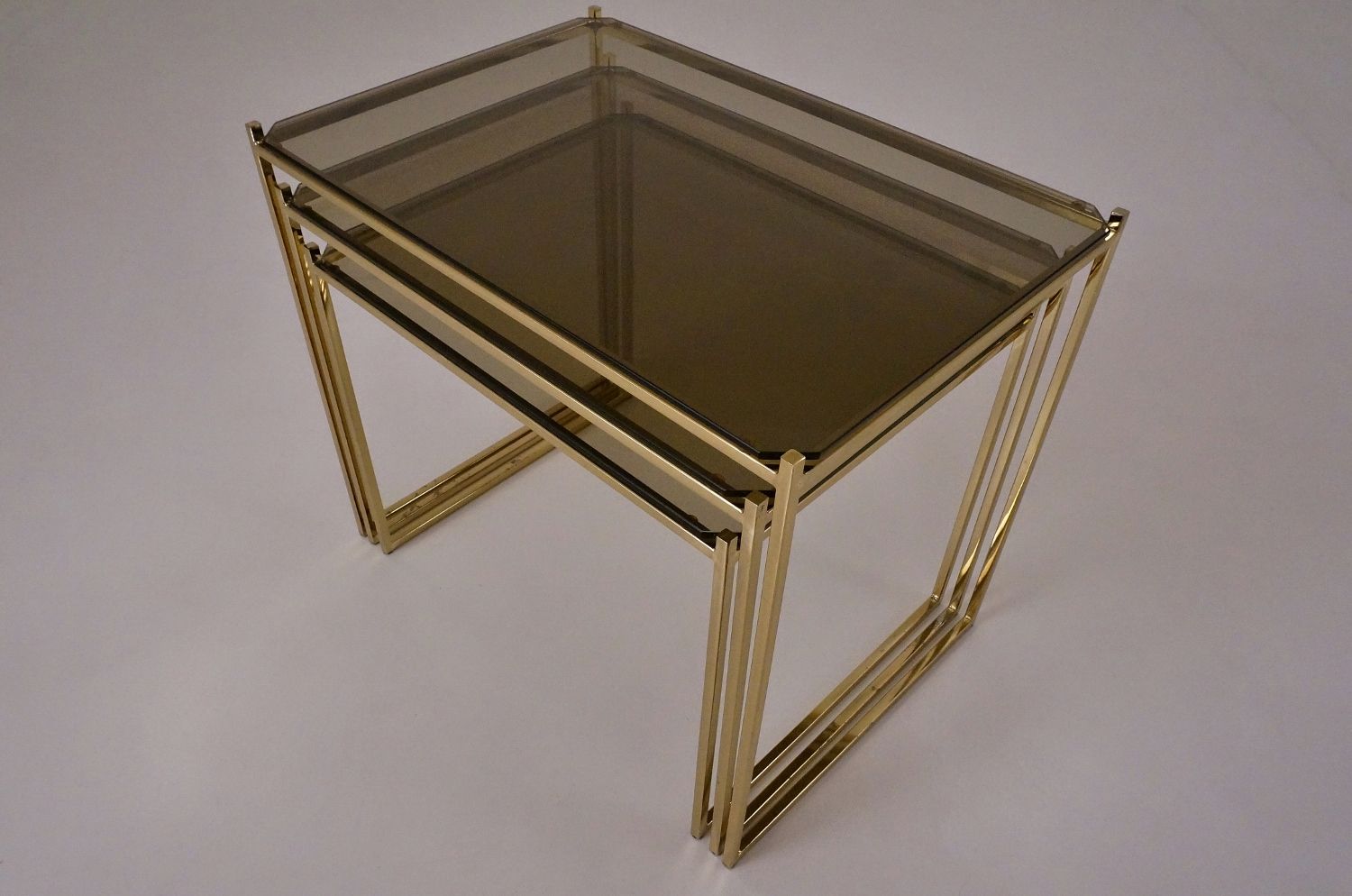 Milo Baughman Nesting Tables, Gold Plated & Smoked Glass With Regard To Antique Gold Nesting Console Tables (View 7 of 20)