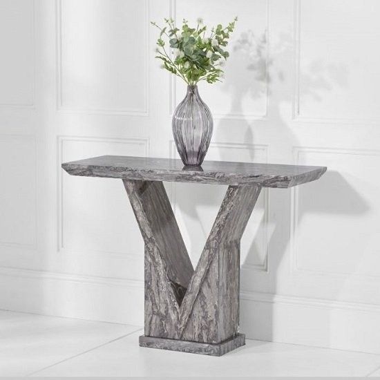 Mocha Marble Console Table In Grey With V Shape Base Regarding Marble And White Console Tables (View 4 of 20)