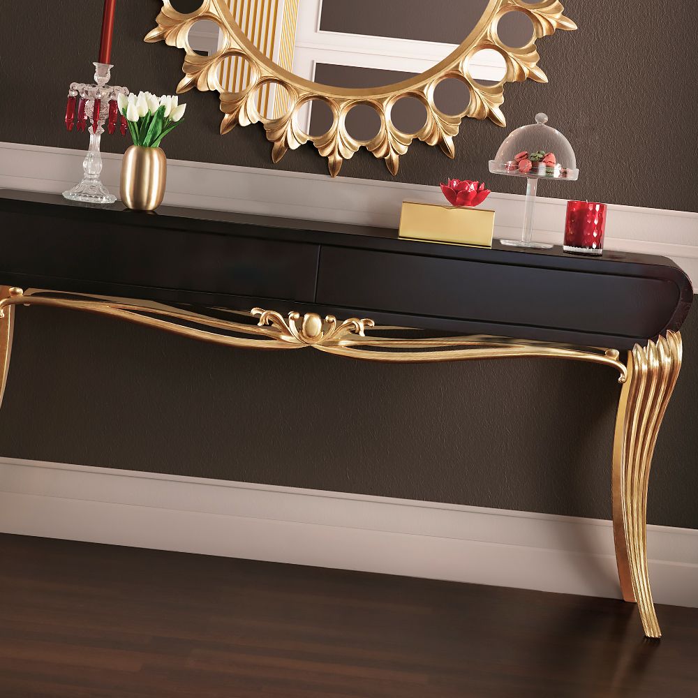 Modern Black Lacquered Gold Leaf Console Table Regarding Black And Gold Console Tables (Photo 13 of 20)
