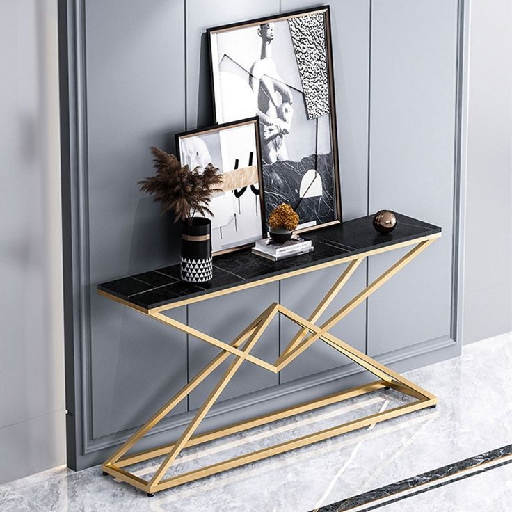 Modern Black Luxury Stone Narrow Console Table Rectangle In Metallic Gold Console Tables (View 9 of 20)