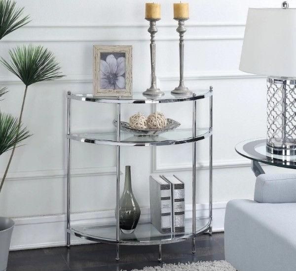 Modern Chrome Console Table Glass Half Moon Sof Throughout Glass And Pewter Oval Console Tables (Photo 11 of 20)