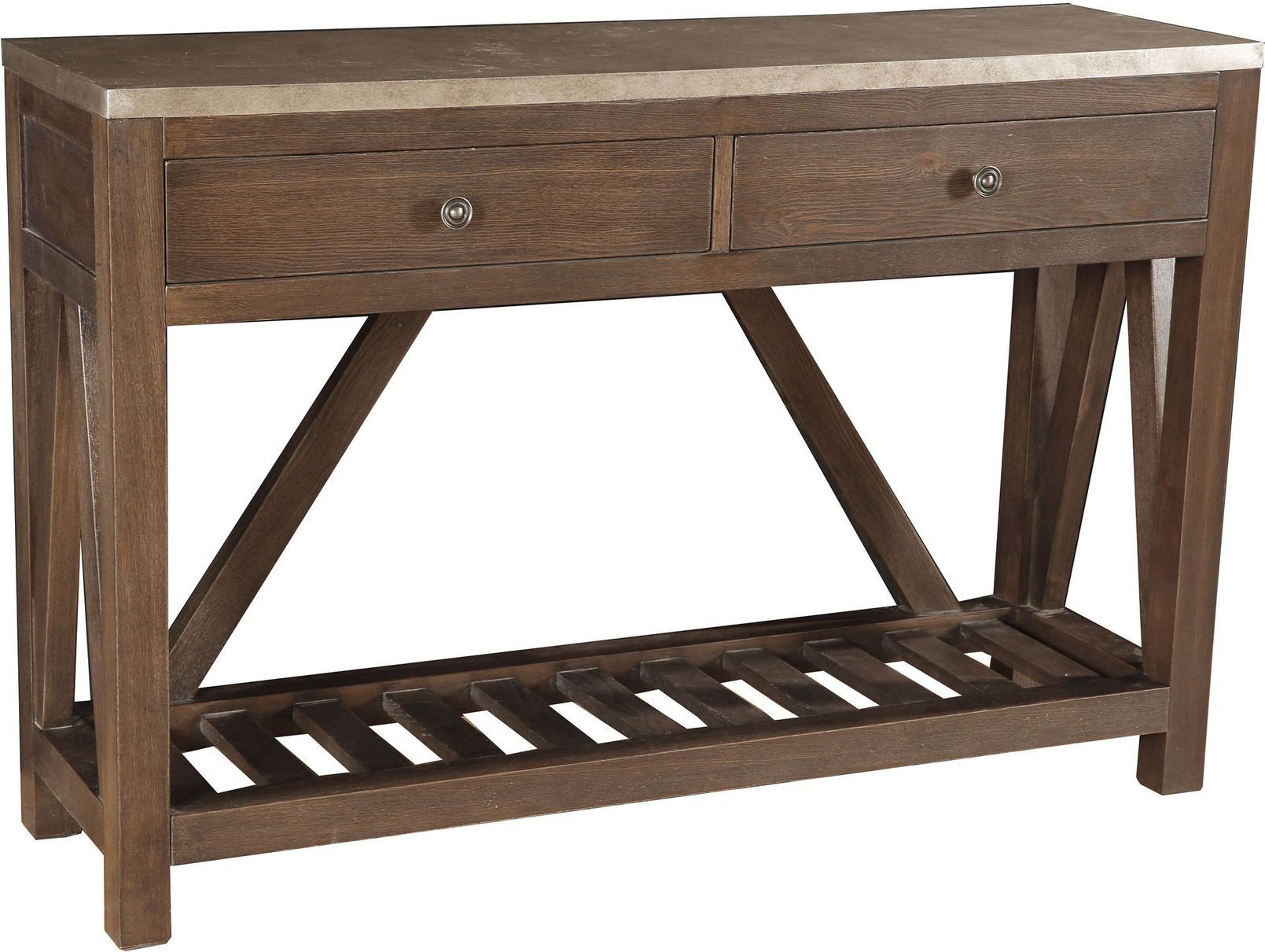 Modern Farmhouse Brown Oak&metal Wrap Two Drawer Accent Inside Metal And Oak Console Tables (View 15 of 20)