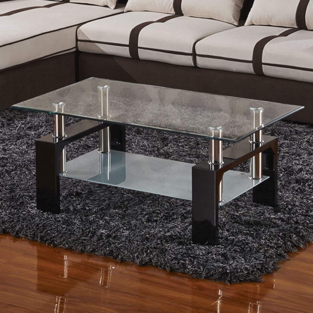 Modern Rectangular Black Glass Coffee Table Chrome Shelf With Chrome And Glass Rectangular Console Tables (Photo 9 of 20)