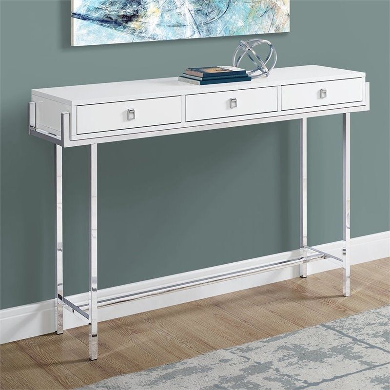 Monarch 3 Drawer Accent Console Table In White And Chrome Within 3 Piece Shelf Console Tables (View 19 of 20)