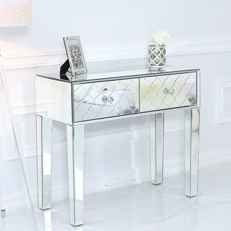 Moresque Silver Mirrored Moroccan 2 Drawer Console Table With Silver And Acrylic Console Tables (View 6 of 20)