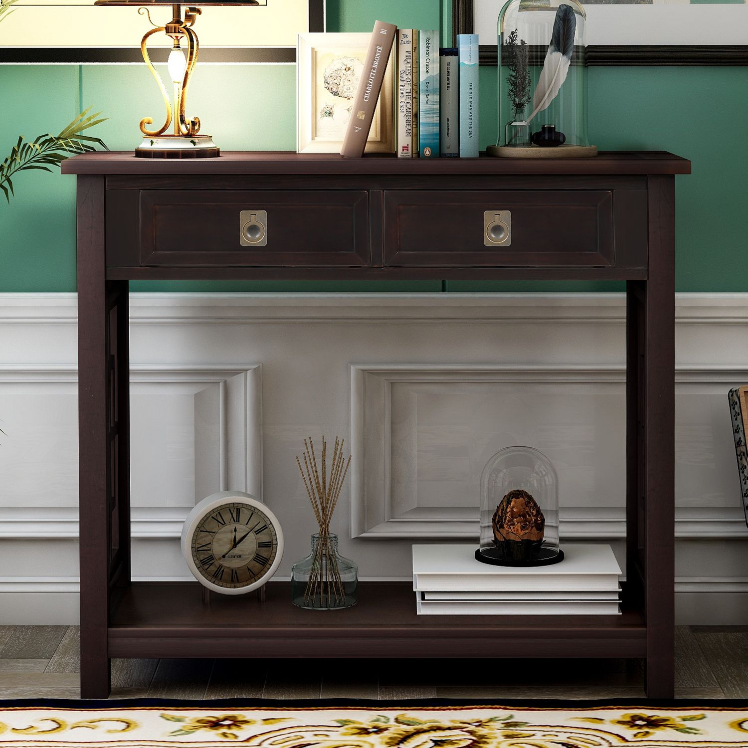 Narrow Sofa Table With Two Bottom Drawers And Bottom Shelf With Regard To 3 Piece Shelf Console Tables (View 3 of 20)
