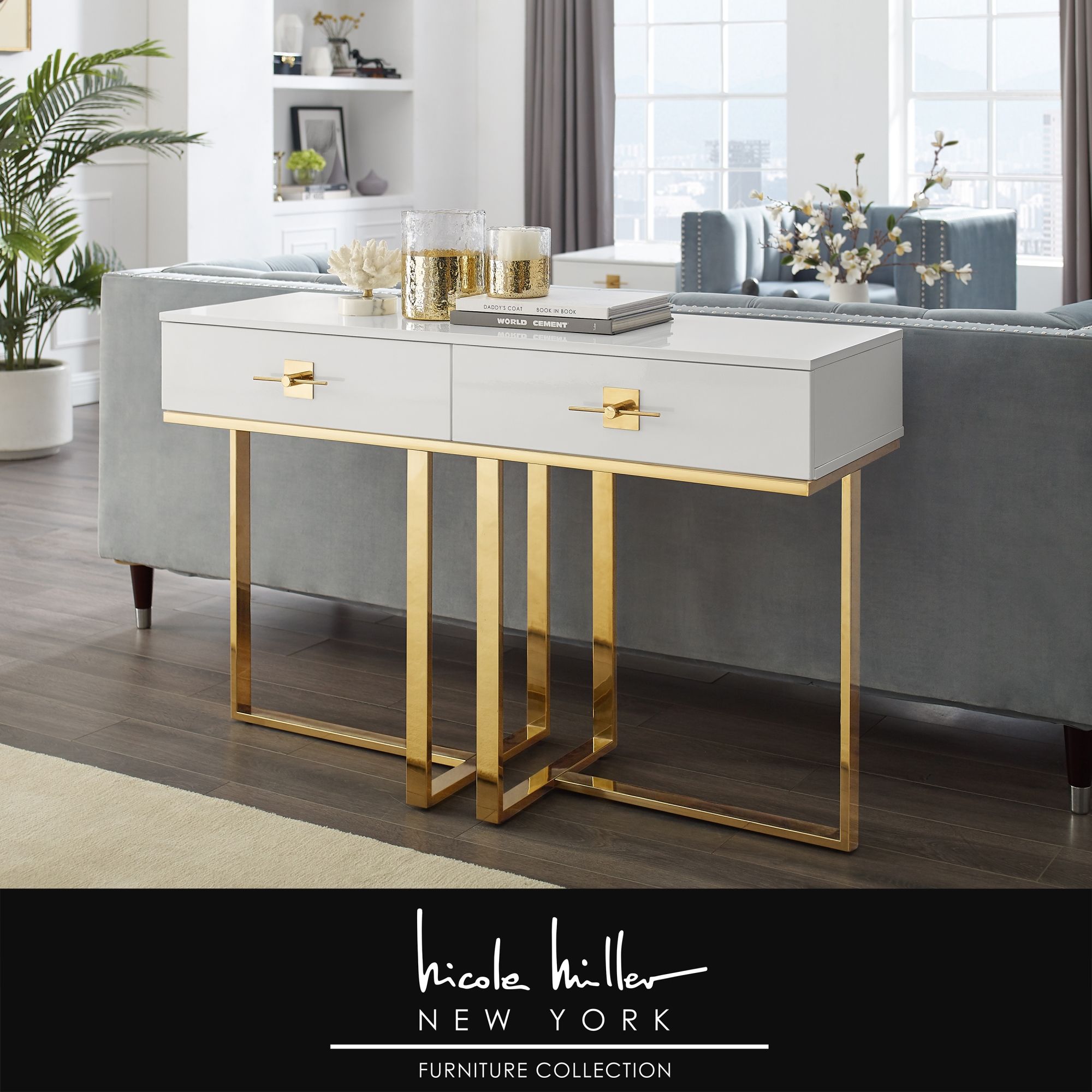 Nicole Miller Meli Console Table 2 Drawers Hight Gloss For Gold And Clear Acrylic Console Tables (Photo 14 of 20)