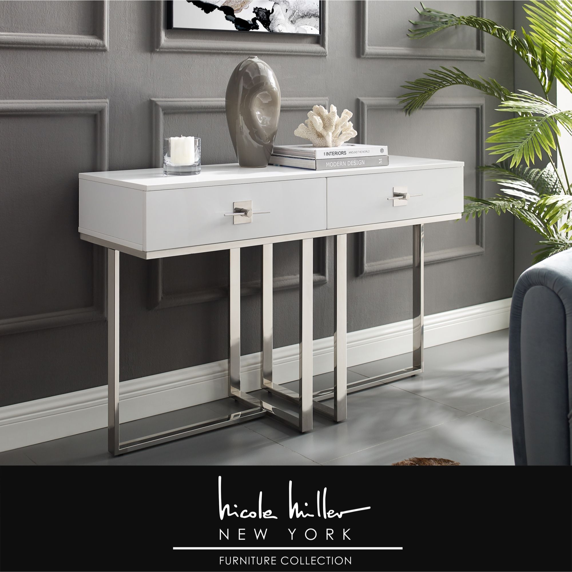 Nicole Miller Meli Console Table 2 Drawers Hight Gloss Inside Chrome Console Tables (View 3 of 20)
