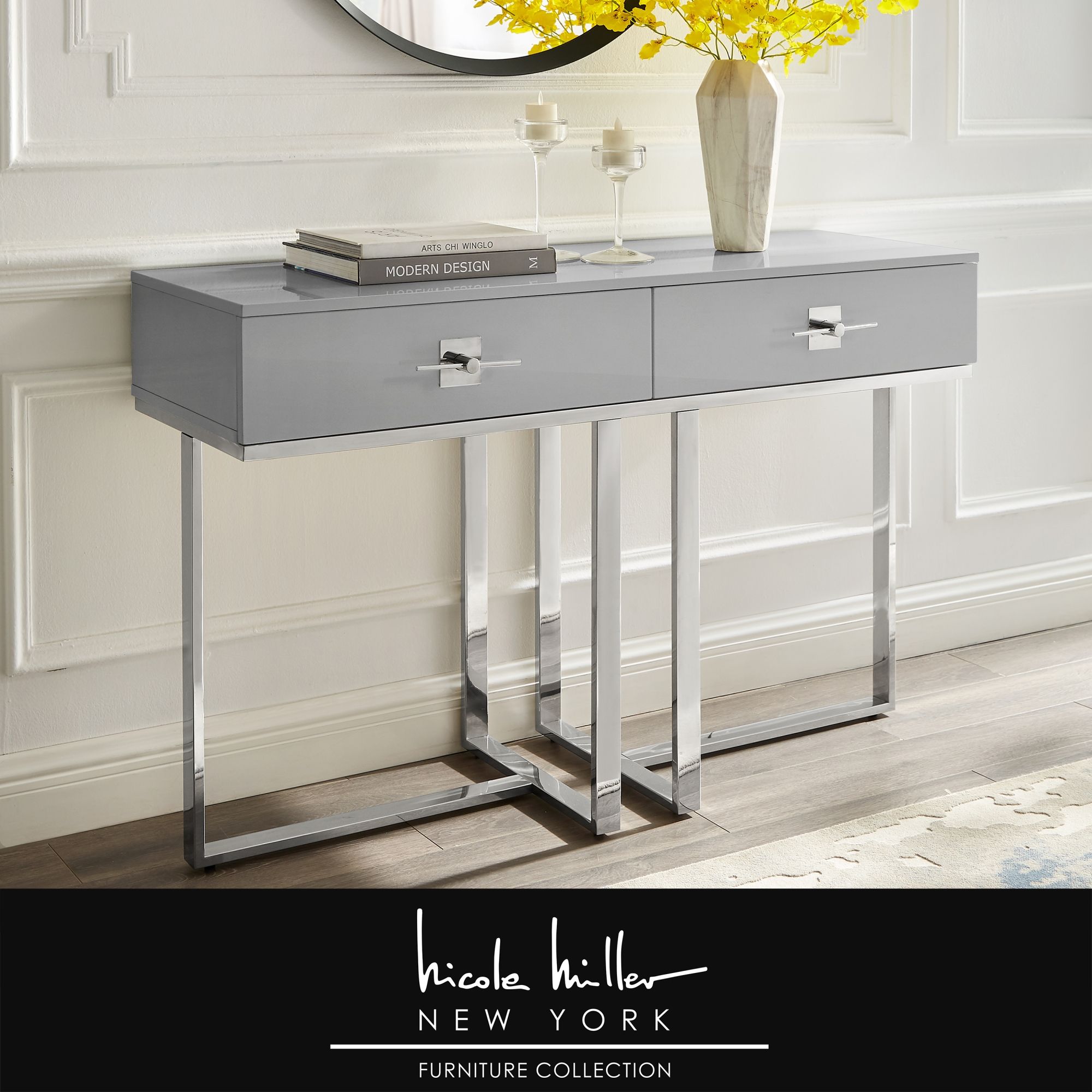 Nicole Miller Meli Console Table 2 Drawers Hight Gloss Inside Gray Wood Black Steel Console Tables (View 3 of 20)