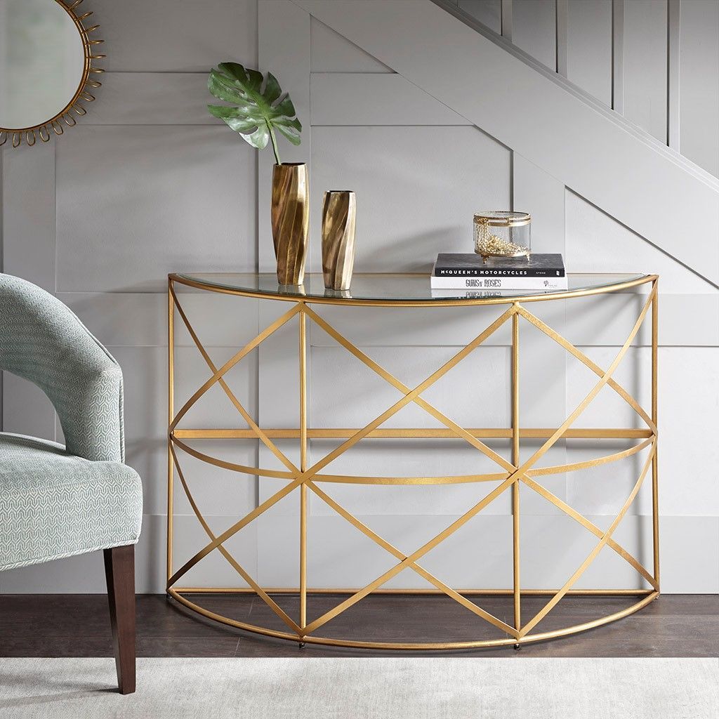 Nora Console Table Glass Gold Modern Contemporary Trendy Regarding Geometric Glass Top Gold Console Tables (View 10 of 20)