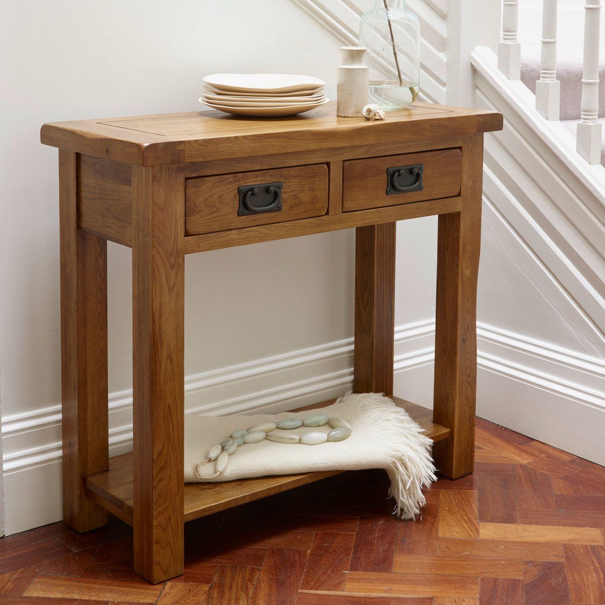 Original Rustic 2 Drawer Console Table In Solid Oak In 2 Drawer Console Tables (View 2 of 20)