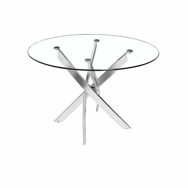 Orren Ellis 05. 36" Round Glass Dining Table With Chrome In Metal Legs And Oak Top Round Console Tables (Photo 17 of 20)