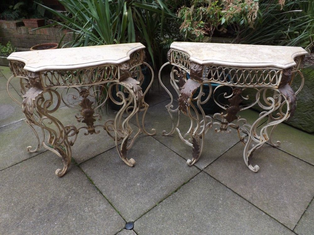 Pair Early C20th French Marble Topped Wrought Iron Console With Antique Silver Aluminum Console Tables (Photo 17 of 20)