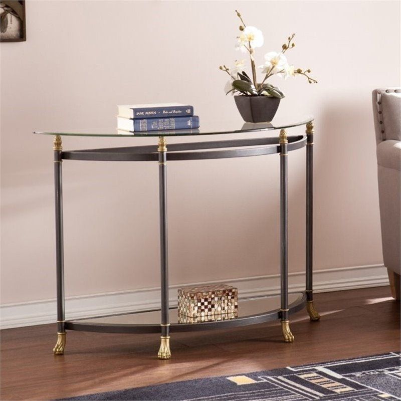 Pemberly Row Demilune Glass Console Table In Gold In Glass And Gold Oval Console Tables (Photo 6 of 20)