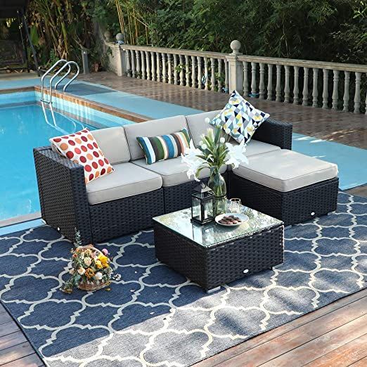 Phi Villa 5 Piece Beige Outdoor Sofa  Patio Wicker Within 5 Piece Console Tables (View 15 of 20)