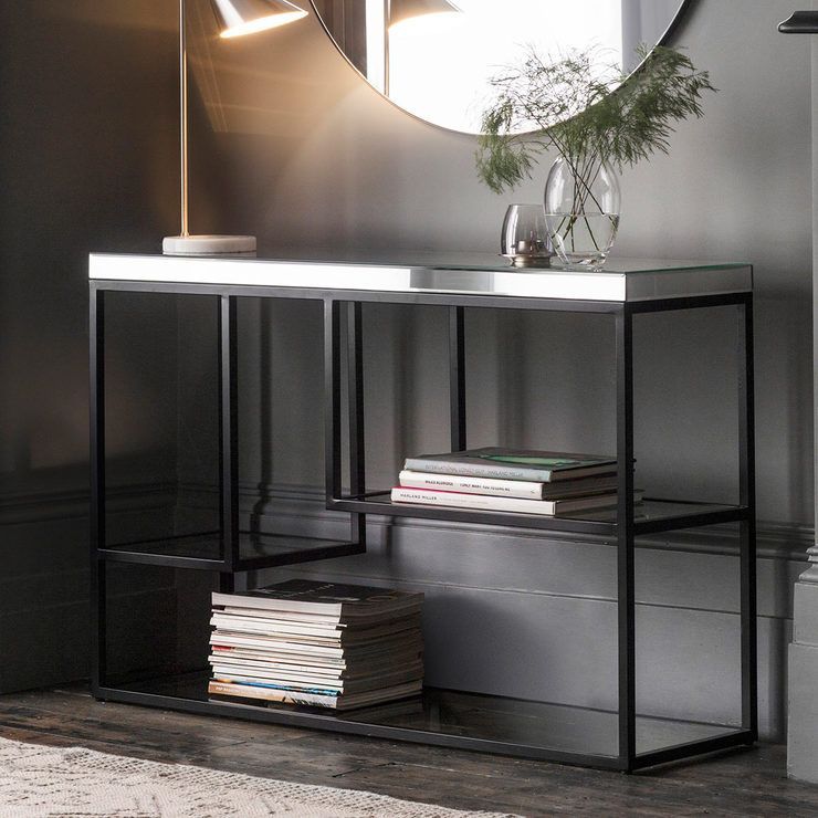 Pippard Console Table With Mirrored Top, Satin Black With Regard To Caviar Black Console Tables (Photo 17 of 20)