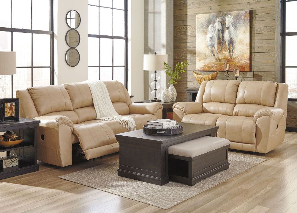 Planet Real Beige Leather Motion Reclining Sofa Couch Set Inside Ecru And Otter Console Tables (Photo 17 of 20)