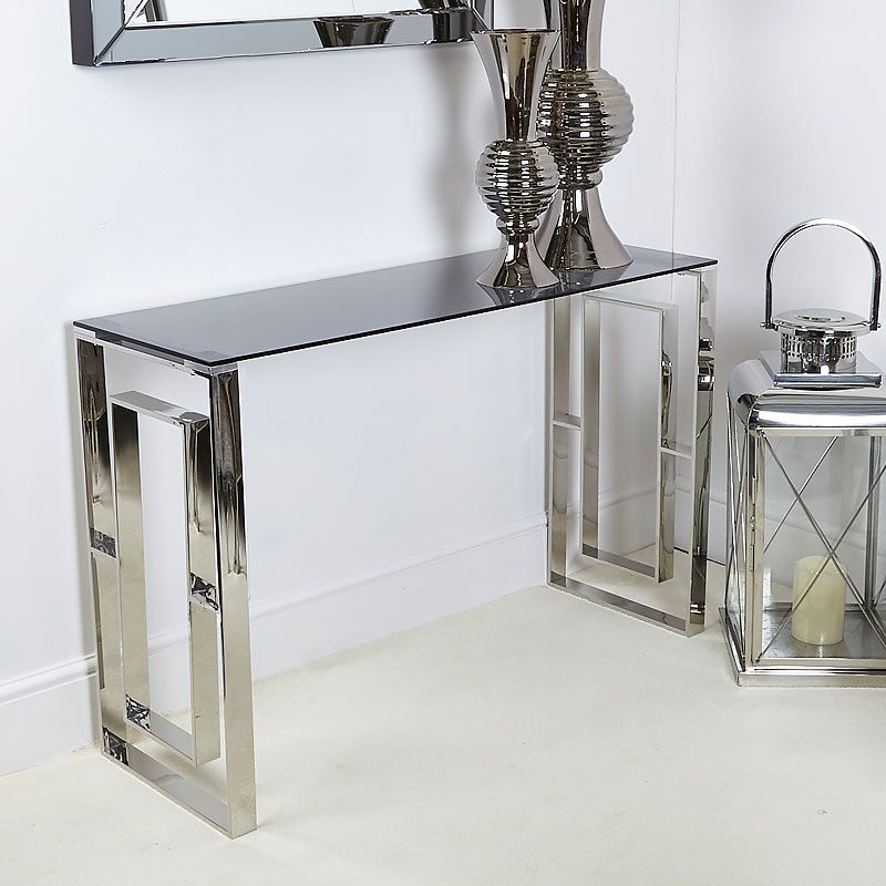 Plaza Contemporary Stainless Steel Smoked Glass Console Inside Brass Smoked Glass Console Tables (Photo 11 of 20)