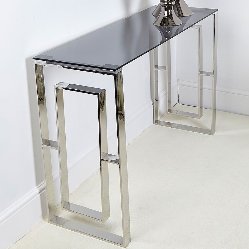 Plaza Contemporary Stainless Steel Smoked Glass Console Intended For Stainless Steel Console Tables (Photo 16 of 20)